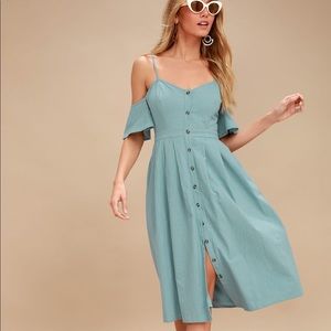 LULUS BLUE OFF-THE-SHOULDER MIDI DRESS SIZE SMALL